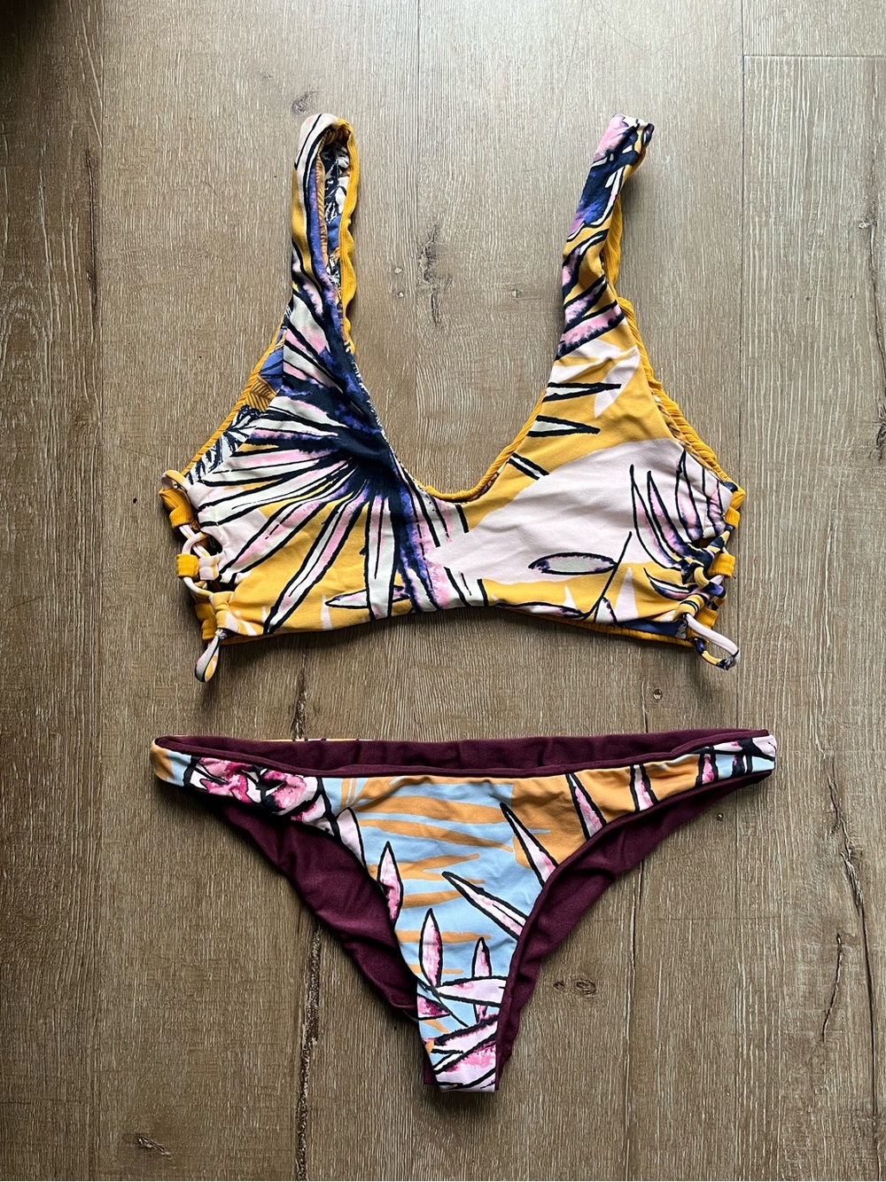 Maaji Mustard Yellow pink blue reversible Floral Bikini